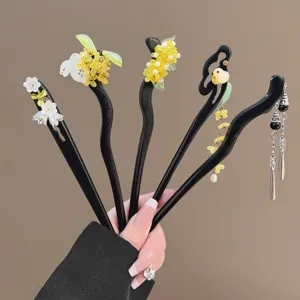 Bâtonnet à Cheveux en Bois Nouveau Style Chinois Épingle à Cheveux Vintage à Gousse Floral Accessoires de Cheveux pour Femmes