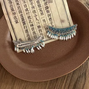 Chinese vintage style hair clip with blue beads and white pearl tassels for women hair accessories