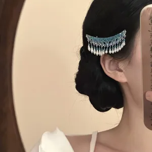 Chinese style crescent pearl tassel hair clip elegant Hanfu side hairpin vintage hair accessory