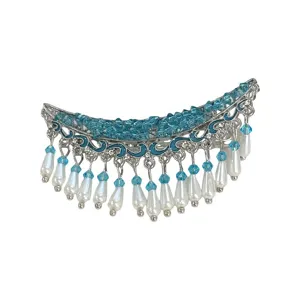 Chinese style crescent hair clip with blue crystals and hanging pearl tassels for women main
