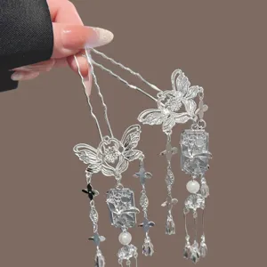 Traditional Chinese Hanfu Hairpin Metal Silver Butterfly Tassel Hair Fork Vintage Headwear Qipao Accessory Hair Jewelry