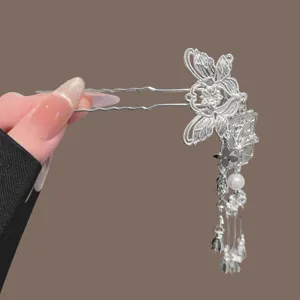 Silver vintage Chinese hair pin with butterfly hollow design and elegant tassels for Hanfu.