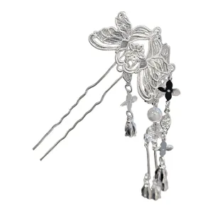 Silver Chinese traditional hairpin butterfly tassel metal hair stick vintage hair accessory