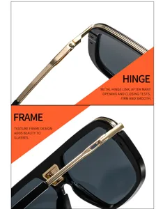 Primer plano detallado de gafas de sol para hombre gran montura con bisagra metalica y diseno.