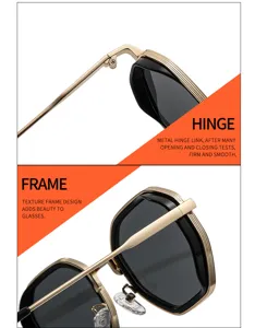Détail lunettes de soleil polygone avec charnière métallique durable et cadre texturé élégant.