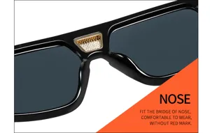 Detalle de gafas de sol retro oversized para hombre, montura negra con puente dorado.