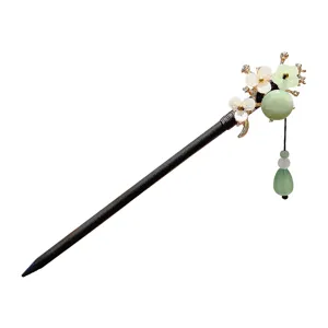 Chinese vintage wooden hair stick with elegant floral jade pendant for women hanfu.