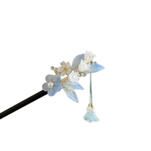Nieuwe Chinese stijl houten haarspeld met blauwe bloemen en kwast Hanfu accessoire.