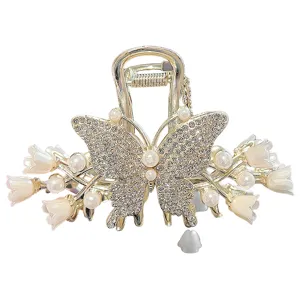 Pince à cheveux papillon en strass doré avec perles et fleurs de muguet pour femmes