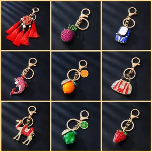 Creative Cute Rhinestone Metal Fruit Animal Car Keychain Women Bag Pendant Fashion Key Chain Ring Gift