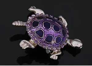 Crystal rhinestone turtle brooch pin, purple enamel fashion animal lapel jewelry for women.