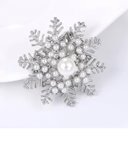 Close-up of the exquisite snowflake pearl brooch, featuring shimmering silver alloy and pearls.