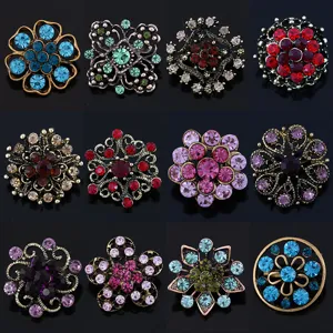 Detailed view of assorted vintage rhinestone flower alloy brooches and buttons, elegant sparkling crystals.