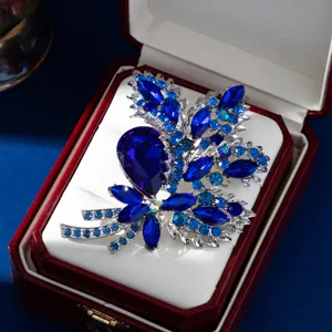 Elegant blue crystal rhinestone flower brooch pin luxury fashion jewelry accessory for women
