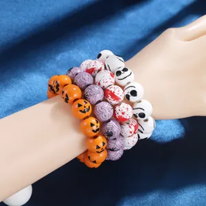 Halloween wooden beaded bracelet set with pumpkin skull spider web prints for women.