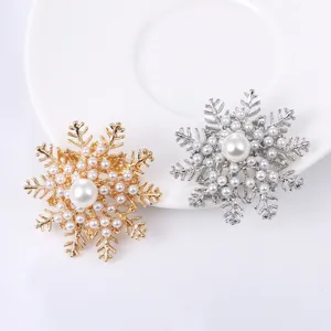 Elegant snowflake pearl brooch rhinestone fashion pin for women sweater shirt collar accessories