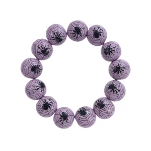 Halloween purple wooden bead bracelet with black spider web print, trendy festival accessory for women.