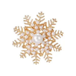 Gold snowflake pearl brooch pin elegant sweater shirt collar fashion jewelry accessory gift