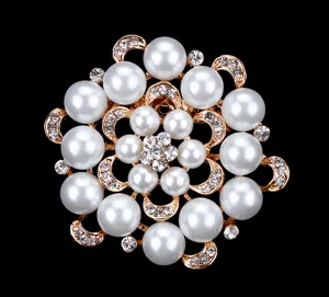 Round pearl rhinestone brooch detail closeup, elegant gold tone floral pin accessory