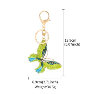 Metal enamel butterfly keychain with rhinestones, 12.9cm dimension and 34.6g weight.
