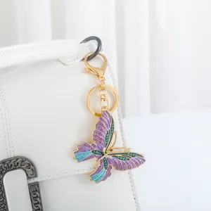 Metal enamel butterfly keychain with colorful rhinestones, elegant bag charm and keyring.