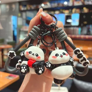 Cute cartoon panda keychain dual charm backpack pendant metal ring accessory gift