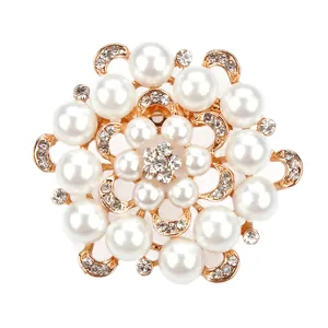 Elegant round pearl rhinestone brooch pin gold tone floral fashion garment accessory