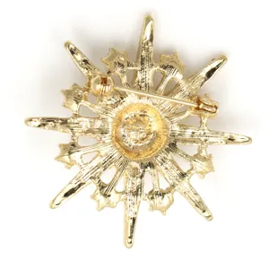 Golden eight pointed star brooch reverse view, stylish metal pin lapel jewelry accessory.