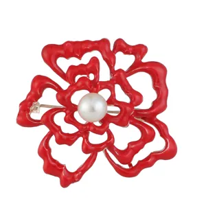 Handmade Enamel Rose Flower Brooch for Women Vintage Alloy Red Camellia Pin with Artificial Pearl Elegant Clothing Accessories Jewelry
