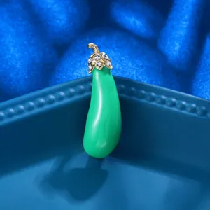 Green enamel eggplant brooch with rhinestones, cute metal pin accessory for clothes and hats.