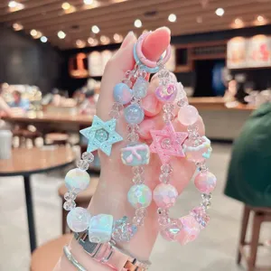 Cute Acrylic Beaded Star Heart Bracelet Keychain Sweet Dopamine Color Bag Charm Schoolbag Pendant Car Key Ring For Women Gift