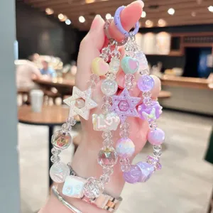 Acrylic star beaded keychain detail, cute pastel charm strap for bags, keys, and accessories.