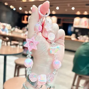 Creative acrylic pentagram beaded bracelet keychain cute bag charm and phone strap accessory.