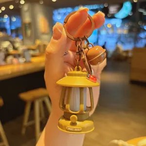 Mini vintage camping lantern keychain with LED light, cute bag pendant and gift accessories