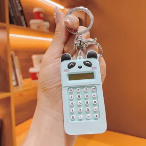 Cute cartoon panda calculator keychain, mint green silicone mini calculator with key ring.