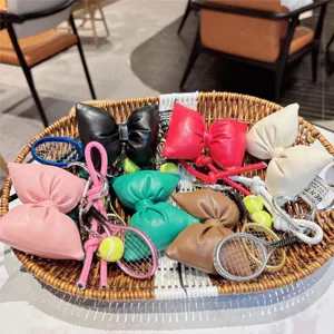 Cute PU leather bow keychain with tennis racket charm colorful bag pendant accessory