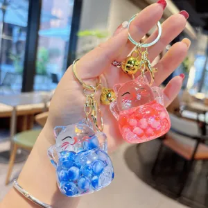 Süßer flüssiger Treibsand Acryl Perle Glückskatze Schlüsselanhänger Tasche Anhänger