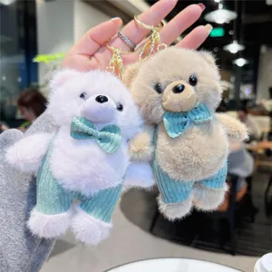 Cute plush bear keychain couple set with knitted overalls and bowties, soft bag pendant accessory