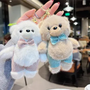 Cute teddy bear plush keychain lovely bowknot plush backpack bag charm pendant accessory