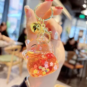 Acrylic liquid quicksand lucky cat keychain cute floating glitter bag pendant car charm