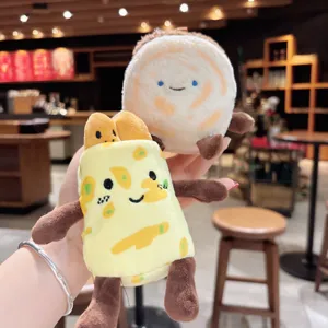 Cute plush food toy detail, cartoon bread and wrap doll pendant, soft keychain charm accessory.