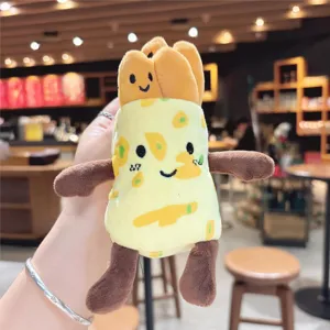 Detailed shot of cute cartoon plush Roujiamo keychain, soft fabric and adorable smile design.