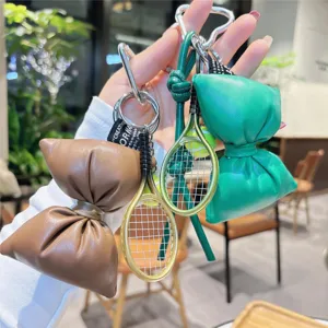 Fashion PU Leather Cord Bowknot Bag Charm Mini Tennis Racket Keychain Versatile Purse Hanging Ornament Cute Key Ring