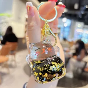 Transparent acrylic lucky cat keychain oil liquid gold glitter quicksand bag charm