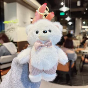 Cute white plush bear keychain with pink bow tie and overalls, lovely bag plush pendant accessory