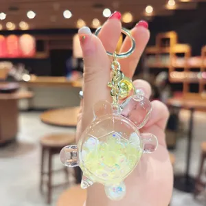 Portachiavi tartaruga in resina trasparente con liquido e glitter, grazioso ciondolo.