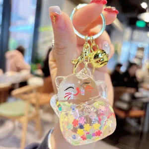 Acrylic Maneki-neko Quicksand Keychain Cute Liquid Bag Pendant Car Charm Gift