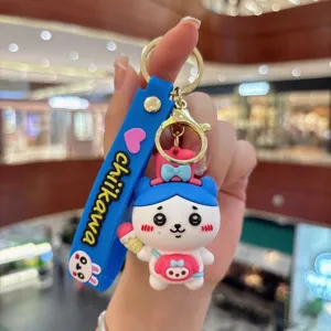 Leuke Chiikawa cartoon PVC sleutelhanger met blauwe siliconen band en metalen ring.