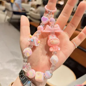 Cute pink cartoon rabbit beaded keychain phone charm aesthetic sweet bracelet accessory
