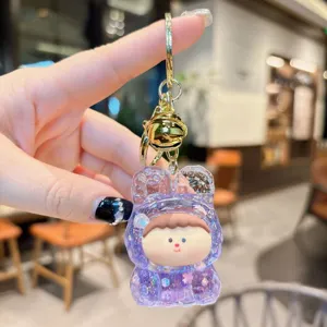 Cute purple acrylic quicksand keychain glitter bling cartoon bag pendant cute gift key ring